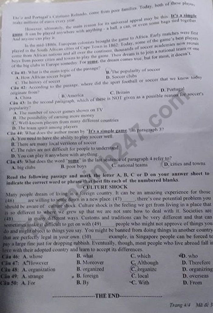 Đề thi tuyển sinh vào lớp 10 môn Tiếng Anh tỉnh Nghệ An năm 2020. Trang 4/4. Nguồn: TTHN Đề thi tuyển sinh vào lớp 10 môn Tiếng Anh tỉnh Nghệ An năm 2020. Trang 4/4. Nguồn: TTHN