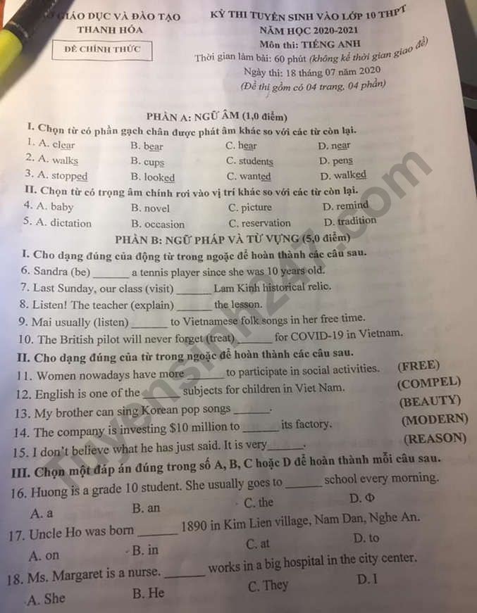 Đề thi tuyển sinh vào lớp 10 môn Tiếng Anh tỉnh Thanh Hóa năm 2020. Trang 1/4. Nguồn: TTHN Đề thi tuyển sinh vào lớp 10 môn Tiếng Anh tỉnh Thanh Hóa năm 2020. Trang 1/4. Nguồn: TTHN