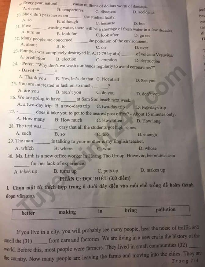 Đề thi tuyển sinh vào lớp 10 môn Tiếng Anh tỉnh Thanh Hóa năm 2020. Trang 2/4. Nguồn: TTHN Đề thi tuyển sinh vào lớp 10 môn Tiếng Anh tỉnh Thanh Hóa năm 2020. Trang 2/4. Nguồn: TTHN