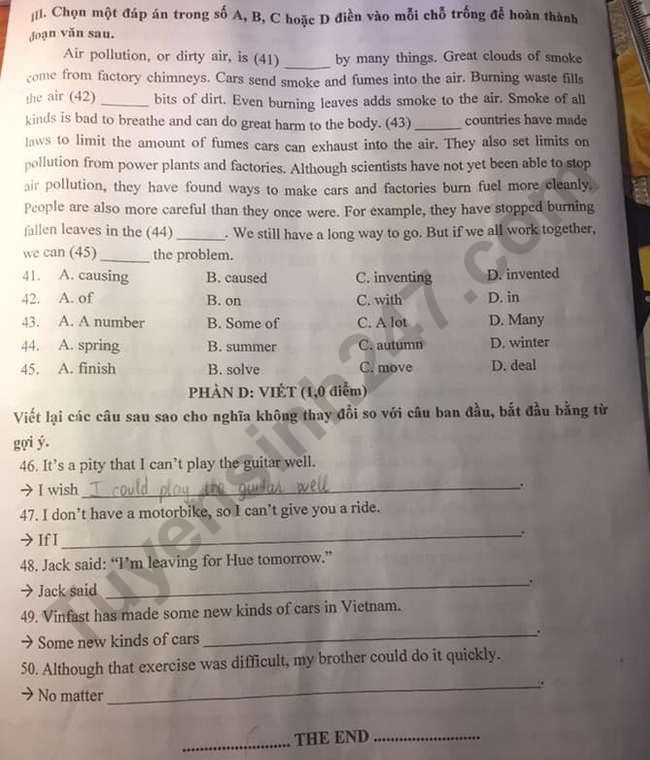 Đề thi tuyển sinh vào lớp 10 môn Tiếng Anh tỉnh Thanh Hóa năm 2020. Trang 4/4. Nguồn: TTHN Đề thi tuyển sinh vào lớp 10 môn Tiếng Anh tỉnh Thanh Hóa năm 2020. Trang 4/4. Nguồn: TTHN