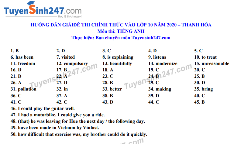 Đáp án tham khảo đề thi tuyển sinh vào lớp 10 môn Tiếng Anh tỉnh Thanh Hóa năm 2020. Nguồn: TTHN Đáp án tham khảo đề thi tuyển sinh vào lớp 10 môn Tiếng Anh tỉnh Thanh Hóa năm 2020. Nguồn: TTHN