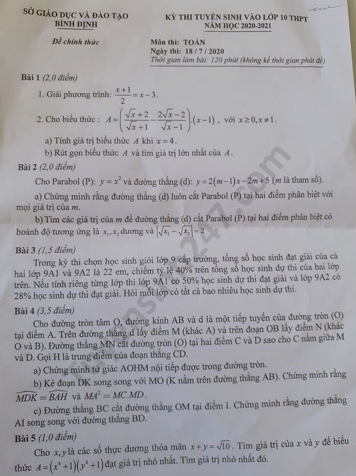 Đề thi tuyển sinh vào lớp 10 môn Toán tỉnh Bình Định năm 2020. Nguồn: TTHN Đề thi tuyển sinh vào lớp 10 môn Toán tỉnh Bình Định năm 2020. Nguồn: TTHN