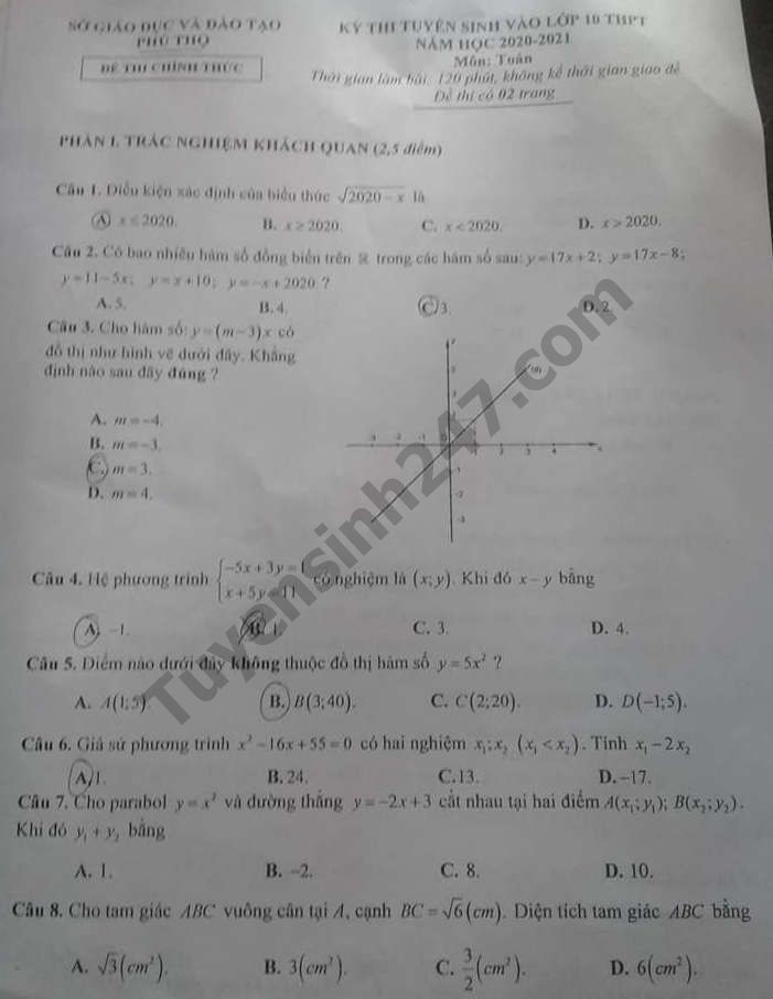Đề thi tuyển sinh vào lớp 10 môn Toán tỉnh Phú Thọ năm 2020. Nguồn: TTHN Đề thi tuyển sinh vào lớp 10 môn Toán tỉnh Phú Thọ năm 2020. Nguồn: TTHN