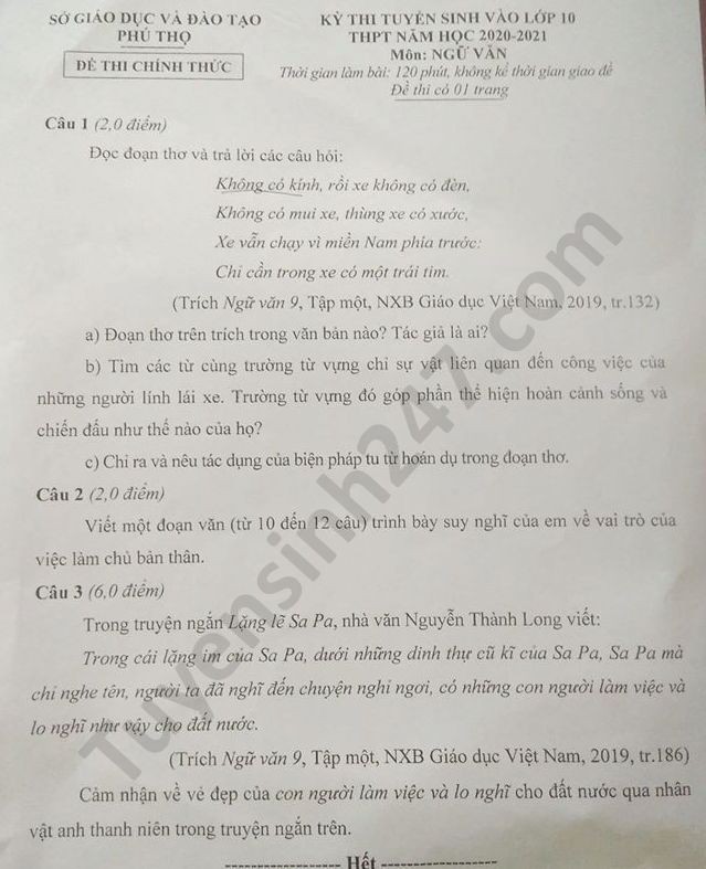 Đề thi tuyển sinh vào lớp 10 môn Văn tỉnh Phú Thọ năm 2020. Nguồn: TTHN Đề thi tuyển sinh vào lớp 10 môn Văn tỉnh Phú Thọ năm 2020. Nguồn: TTHN