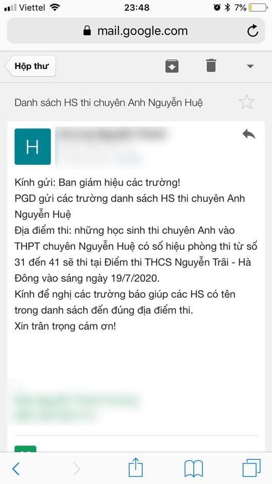 Thông báo của Phòng GD-ĐT quận Cầu Giấy tới hiệu trưởng các trường về thay đổi địa điểm thi. Ảnh: VTC New