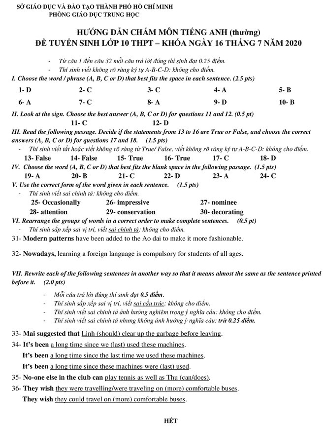 Sở GD-ĐT TP.HCM công bố đáp án đề thi tuyển sinh vào lớp 10 môn Tiếng Anh TP.HCM năm 2020 Sở GD-ĐT TP.HCM công bố đáp án đề thi tuyển sinh vào lớp 10 môn Tiếng Anh TP.HCM năm 2020