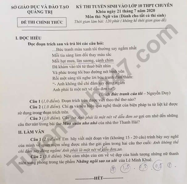 Đề thi tuyển sinh vào lớp 10 môn Ngữ Văn tỉnh Quảng Trị năm 2020. Nguồn: TTHN