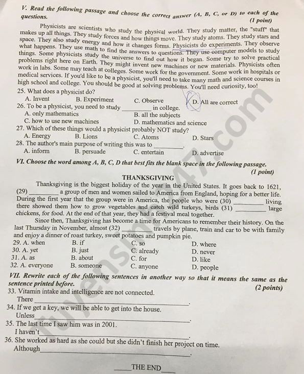 Đề thi tuyển sinh vào lớp 10 môn Tiếng Anh tỉnh Phú Yên năm 2020. Nguồn: TTHN