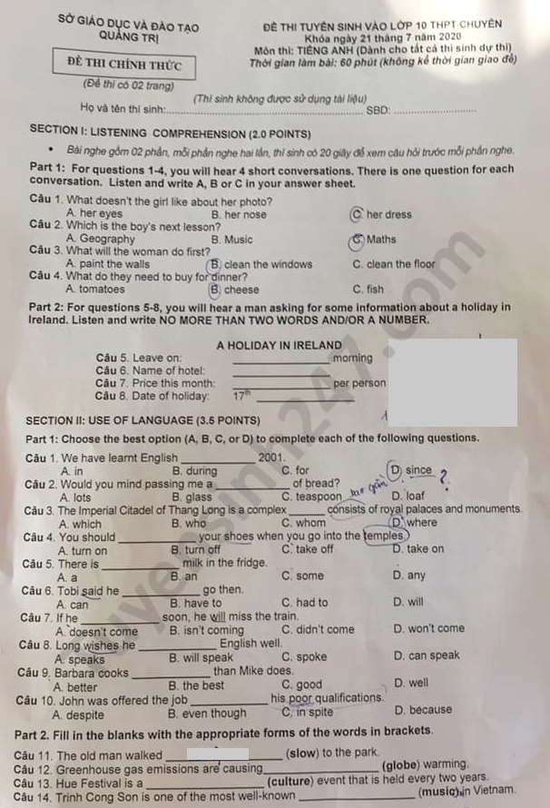 Đề thi tuyển sinh vào lớp 10 môn Tiếng Anh tỉnh Quảng Trị năm 2020. Nguồn: TTHN Đề thi tuyển sinh vào lớp 10 môn Tiếng Anh tỉnh Quảng Trị năm 2020. Nguồn: TTHN
