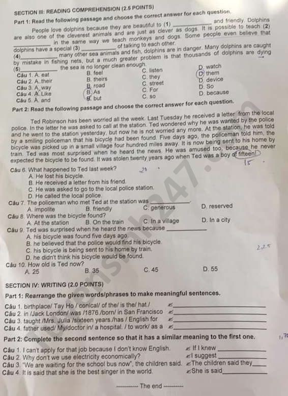Đề thi tuyển sinh vào lớp 10 môn Tiếng Anh tỉnh Quảng Trị năm 2020. Nguồn: TTHN Đề thi tuyển sinh vào lớp 10 môn Tiếng Anh tỉnh Quảng Trị năm 2020. Nguồn: TTHN