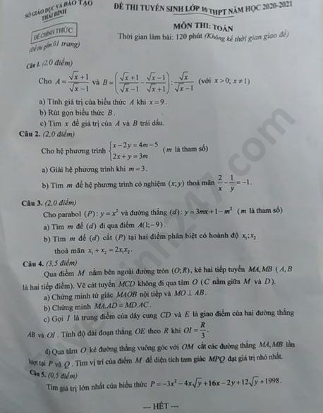 Đề thi tuyển sinh vào lớp 10 môn Toán tỉnh Thái Bình năm 2020. Nguồn: TTHN