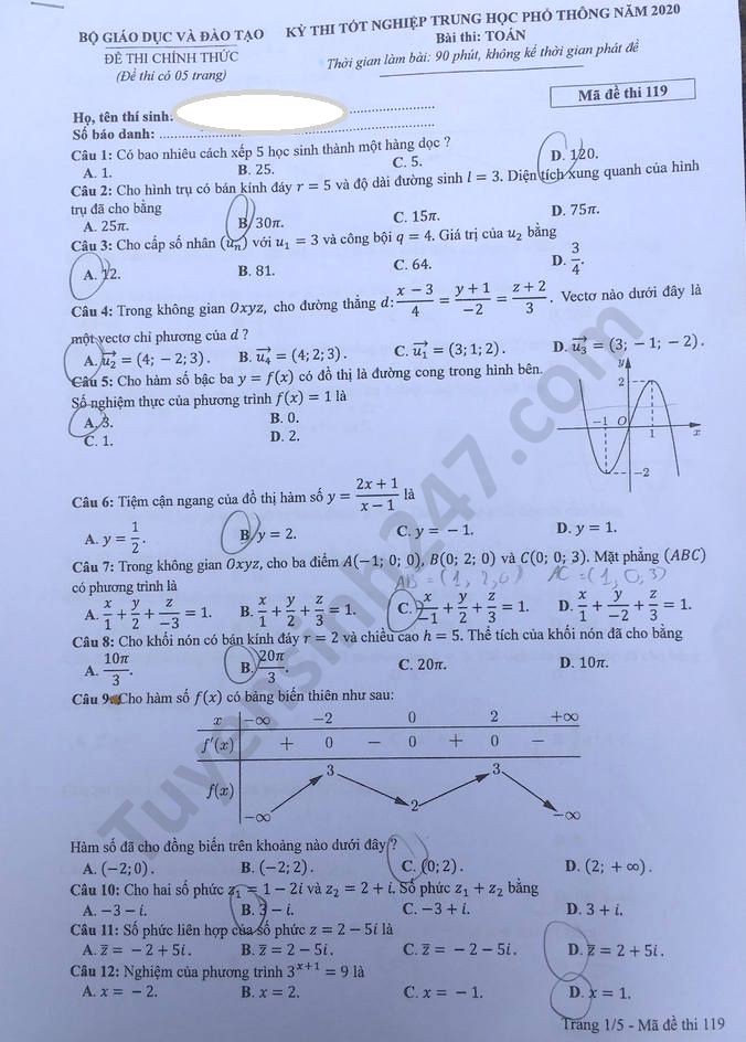 Đề thi tốt nghiệp THPT năm 2020 môn Toán mã đề 119. Nguồn: TTHN