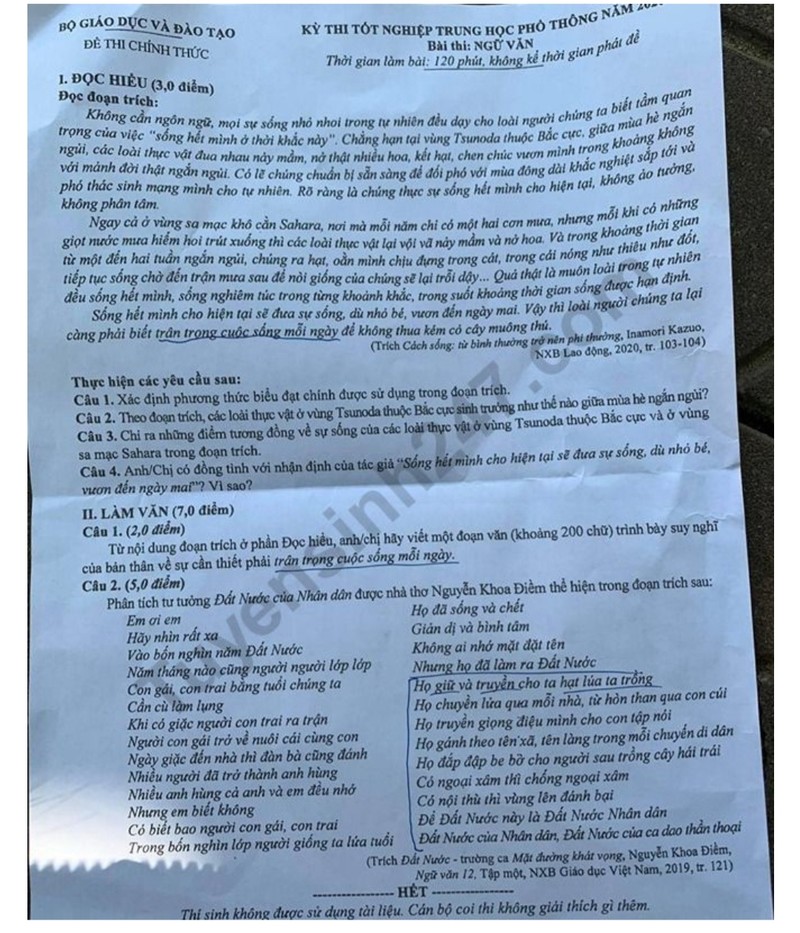 Đề thi tốt nghiệp THPT năm 2020 môn Ngữ Văn. Nguồn: TTHN