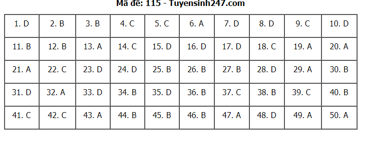 Đáp án tham khảo đề thi tốt nghiệp THPT năm 2020 môn Toán mã đề 115. Nguồn: TTHN