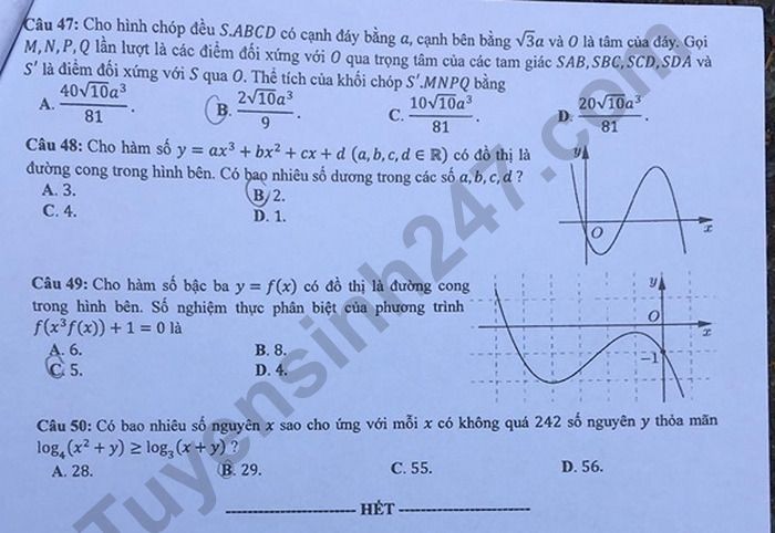 Đề thi tốt nghiệp THPT năm 2020 môn Toán mã đề 110. Nguồn: TTHN