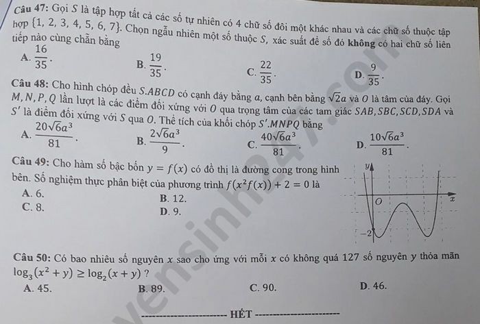Đề thi tốt nghiệp THPT năm 2020 môn Toán mã đề 121. Nguồn: TTHN