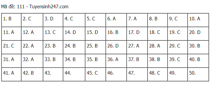 Đáp án tham khảo đề thi tốt nghiệp THPT năm 2020 môn Toán mã đề 111. Nguồn: TTHN Đáp án tham khảo đề thi tốt nghiệp THPT năm 2020 môn Toán mã đề 111. Nguồn: TTHN