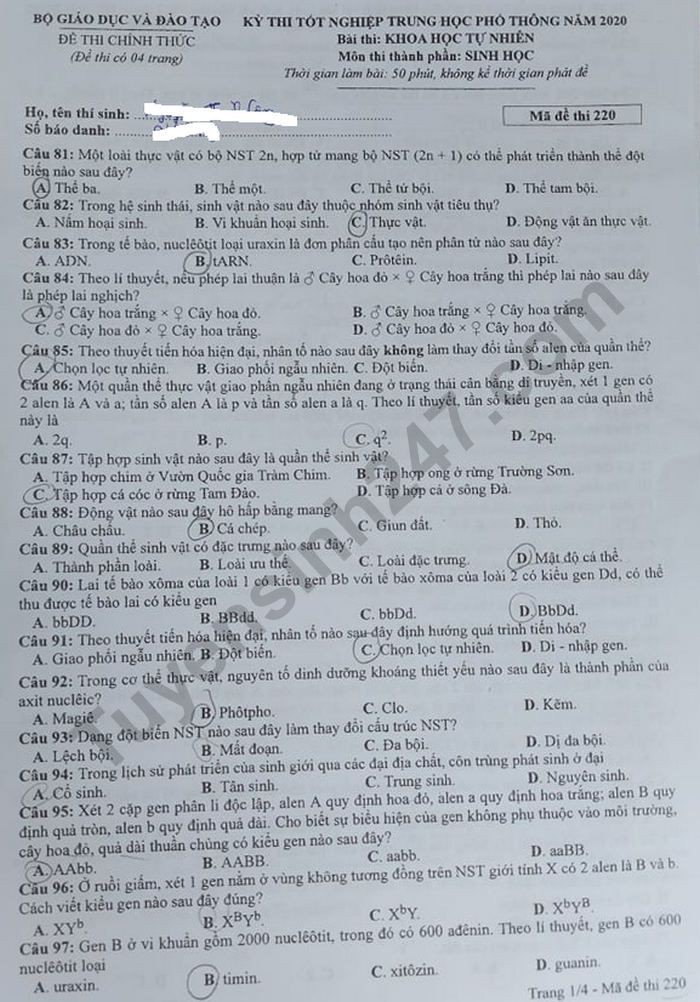 Đề thi tốt nghiệp THPT năm 2020 môn Sinh học mã đề 220. Nguồn: TTHN Đề thi tốt nghiệp THPT năm 2020 môn Sinh học mã đề 220. Nguồn: TTHN