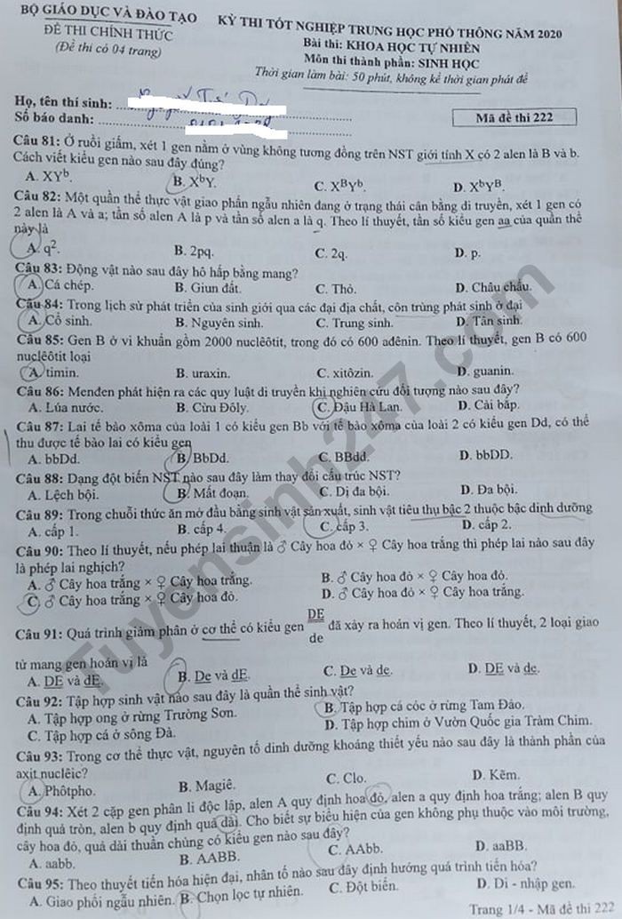 Đề thi tốt nghiệp THPT năm 2020 môn Sinh học mã đề 222. Nguồn: TTHN