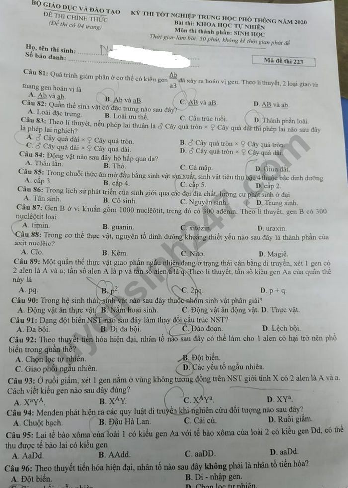 Đề thi tốt nghiệp THPT năm 2020 môn Sinh học mã đề 223. Nguồn: TTHN