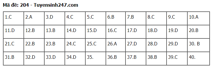 Đáp án tham khảo đề thi tốt nghiệp THPT năm 2020 môn Vật Lý mã đề 204. Nguồn: TTHN Đáp án tham khảo đề thi tốt nghiệp THPT năm 2020 môn Vật Lý mã đề 204. Nguồn: TTHN