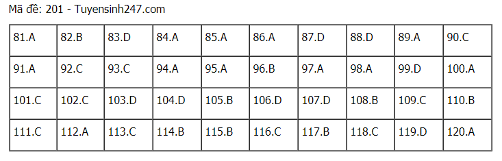 Đáp án tham khảo đề thi tốt nghiệp THPT năm 2020 môn Sinh học mã đề 201. Nguồn: TTHN