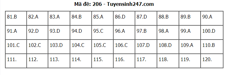 Đáp án tham khảo đề thi tốt nghiệp THPT năm 2020 môn Sinh học mã đề 206. Nguồn: TTHN Đáp án tham khảo đề thi tốt nghiệp THPT năm 2020 môn Sinh học mã đề 206. Nguồn: TTHN