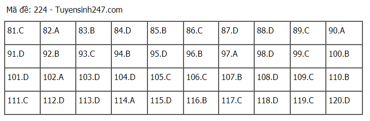 Đáp án tham khảo đề thi tốt nghiệp THPT năm 2020 môn Sinh học mã đề 224. Nguồn: TTHN