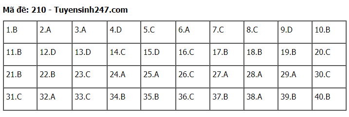 Đáp án tham khảo đề thi tốt nghiệp THPT năm 2020 môn Vật Lý mã đề 210. Nguồn: TTHN Đáp án tham khảo đề thi tốt nghiệp THPT năm 2020 môn Vật Lý mã đề 210. Nguồn: TTHN