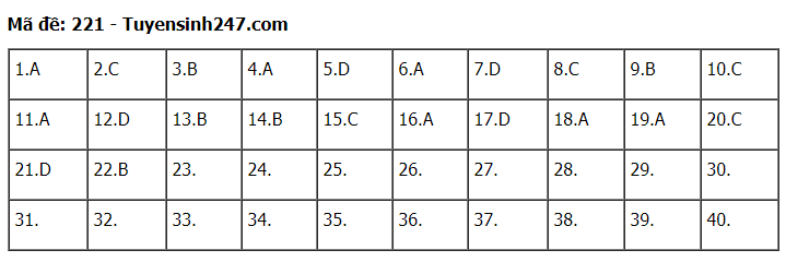 Đáp án tham khảo đề thi tốt nghiệp THPT năm 2020 môn Vật Lý mã đề 221. Nguồn: TTHN