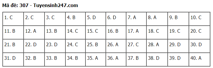 Đáp án tham khảo đề thi tốt nghiệp THPT năm 2020 môn Lịch Sử mã đề 307. Nguồn: TTHN Đáp án tham khảo đề thi tốt nghiệp THPT năm 2020 môn Lịch Sử mã đề 307. Nguồn: TTHN