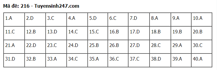 Đáp án tham khảo đề thi tốt nghiệp THPT năm 2020 môn Vật Lý mã đề 216. Nguồn: TTHN
