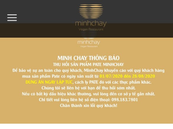Minh Chay khuyến cáo thu hồi sản phẩm từ khách hàng đã mua sản phẩm pate (Ảnh chụp màn hình) Minh Chay khuyến cáo thu hồi sản phẩm từ khách hàng đã mua sản phẩm pate (Ảnh chụp màn hình)