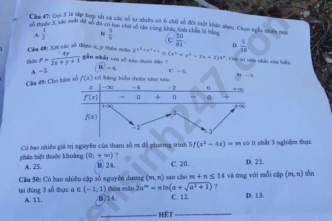 Đề thi tốt nghiệp THPT năm 2020 đợt 2 môn Toán mã đề 107. Nguồn: TTHN