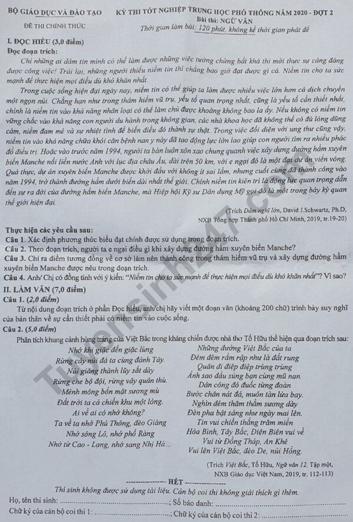 Đề thi tốt nghiệp THPT năm 2020 đợt 2 môn Ngữ Văn. Nguồn: TTHN