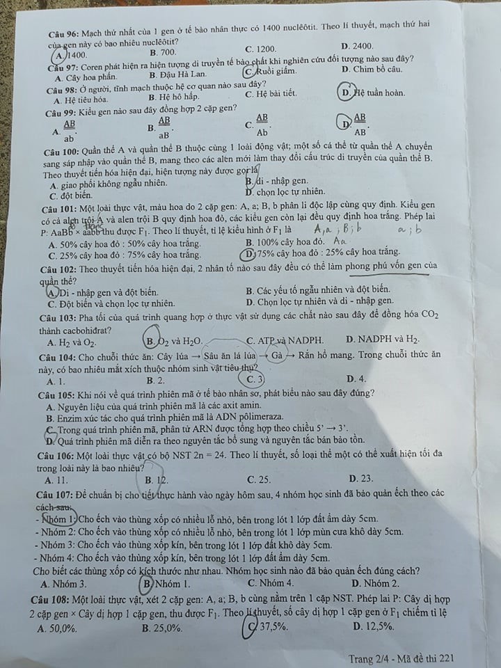 Đề thi tốt nghiệp THPT năm 2020 môn Sinh học mã đề 221