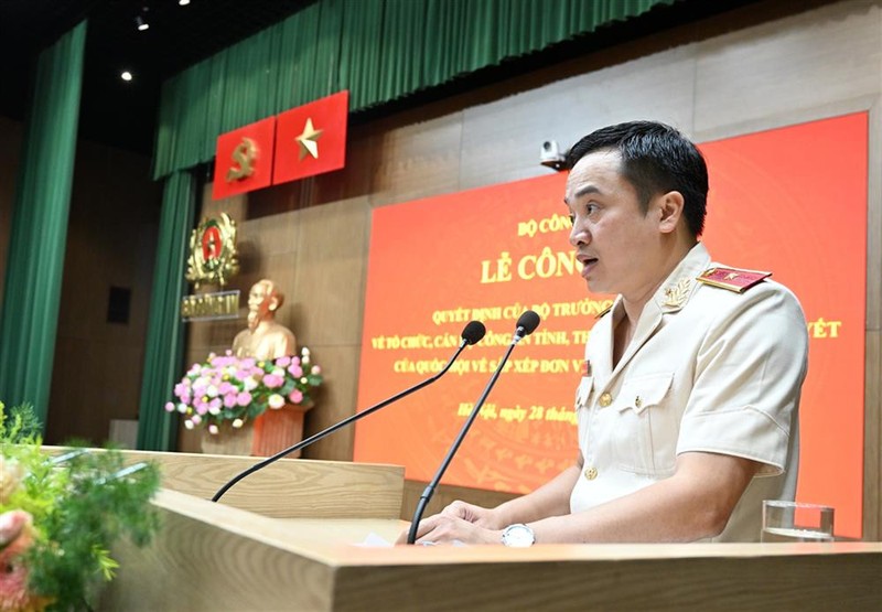 Thiếu tướng Mai Hoàng - Giám đốc Công an TPHCM phát biểu tại buổi lễ. Ảnh: Bộ Công an 28-6 BCA7.jpg