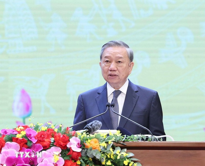 Tổng bí thư Tô Lâm phát biểu. (Ảnh: Thống Nhất/TTXVN). 24-7. jpg tong-bi-thu-to-lam-nguoi-co-cong-nhan-chung-lich-su-7.jpg