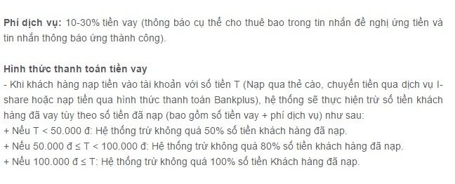 Phí dịch vụ ứng tiền của Viettel là 10-30% - Ảnh chụp màn hình