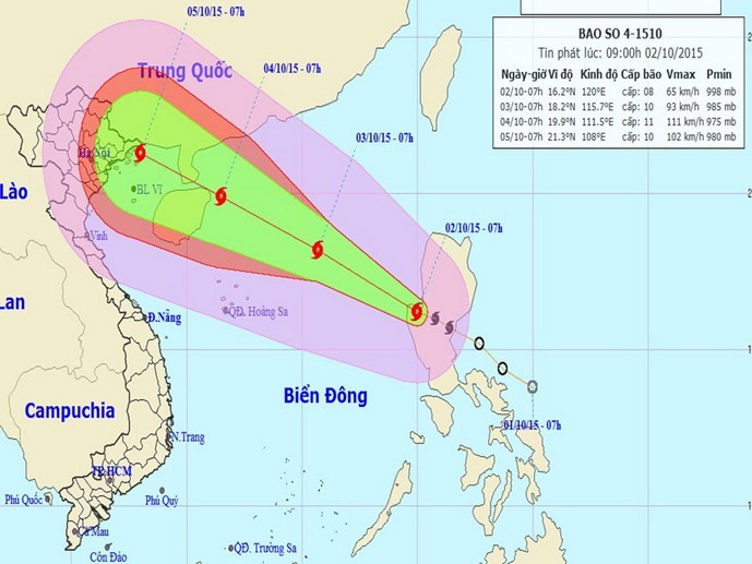 Dự báo đường đi của bão số 4, cập nhật lúc 9 giờ ngày 2.10 - Trung tâm Dự báo khí tượng thủy văn T.Ư