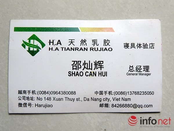 Sở KH-ĐT Đà Nẵng cũng đề nghị Công an TP xác minh nhân thân của những người góp vốn, người đại diện theo pháp luật của 4 công ty có liên quan đến showroom H.A Cao su thiên nhiên, trong đó có nhân vật mang tên Shao Can Hui! (Ảnh: HC) Sở KH-ĐT Đà Nẵng cũng đề nghị Công an TP xác minh nhân thân của những người góp vốn, người đại diện theo pháp luật của 4 công ty có liên quan đến showroom H.A Cao su thiên nhiên, trong đó có nhân vật mang tên Shao Can Hui! (Ảnh: HC)