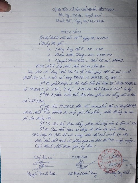 Biên bản xác minh sự việc do hải quân trên đảo Sơn Ca lập- Ảnh: Lê Đình Dũng. Biên bản xác minh sự việc do hải quân trên đảo Sơn Ca lập- Ảnh: Lê Đình Dũng.