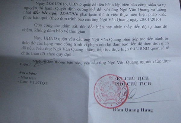 Văn bản đốc thúc đại gia vàng tháo dỡ biệt phủ do Phó chủ tịch UBND Q.Liên Chiểu ký.