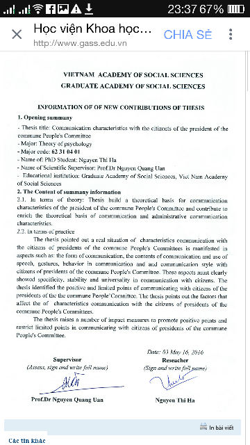 Bản tóm tắt tiếng Anh của luận án"Đặc điểm giao tiếp với dân của chủ tịch xã" được đăng trên webiste của Học viện Khoa học Xã hội