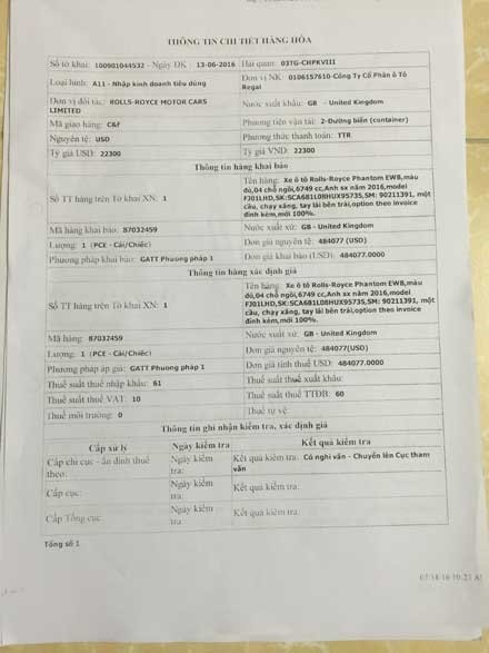 Tờ khai giá thấp của nhà phân phối Rolls-Royce khiến hải quan nghi vấn.