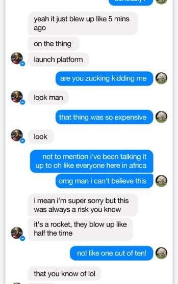 Hé lộ đoạn tin nhắn giữa Elon Musk và Mark Zuckerberg 5 phút sau vụ nổ SpaceX ảnh 2 Hé lộ đoạn tin nhắn giữa Elon Musk và Mark Zuckerberg 5 phút sau vụ nổ SpaceX ảnh 2