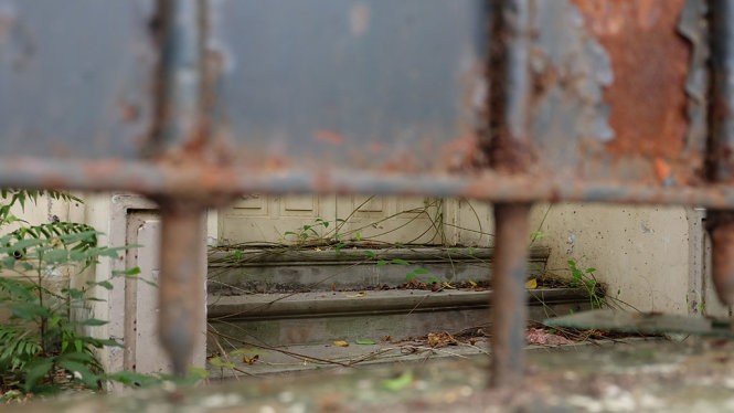 Do để hoang gần 3 năm nay nên cỏ dây mọc leo quanh cửa ra vào - Ảnh: XUÂN LONG Biệt thự công vụ 12 Nguyễn Chế Nghĩa đang bị bỏ hoang?