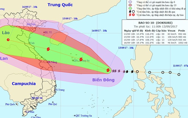 Trung tâm Dự báo Khí tượng thủy văn Trung ương cho biết bão có thể đổ bộ vào Bắc Trung Bộ. Ảnh: NCHMF.