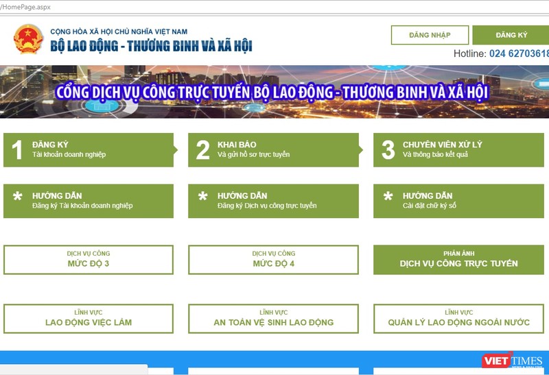 Giao diện Cổng dịch vụ công trực tuyến Bộ LĐTBXH. Ảnh: VietTimes