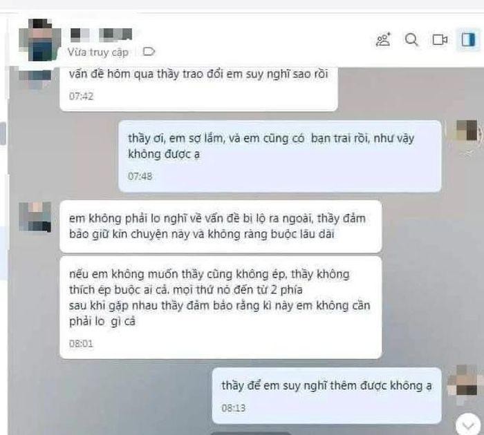 Một đoạn tin nhắn trong cuộc trò chuyện được cho là của giảng viên M và nữ sinh viên Một đoạn tin nhắn trong cuộc trò chuyện được cho là của giảng viên M và nữ sinh viên
